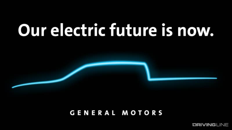 Pickup truck outline in blue. "Our Electric Future is Now. General Motors"