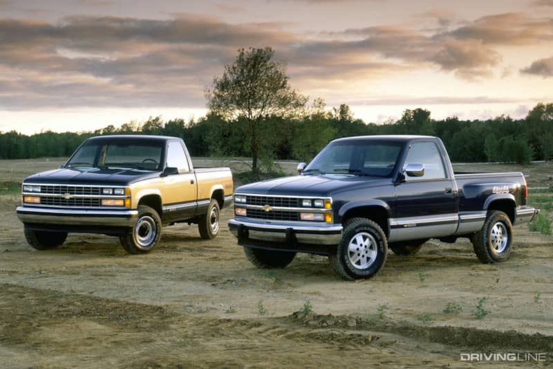 Chevrolet pickups in field