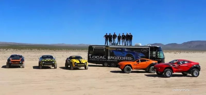 Local Motors Rally Fighter in desert with support truck