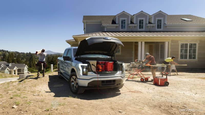 F150 Lightning Electric Truck frunk generator worksite