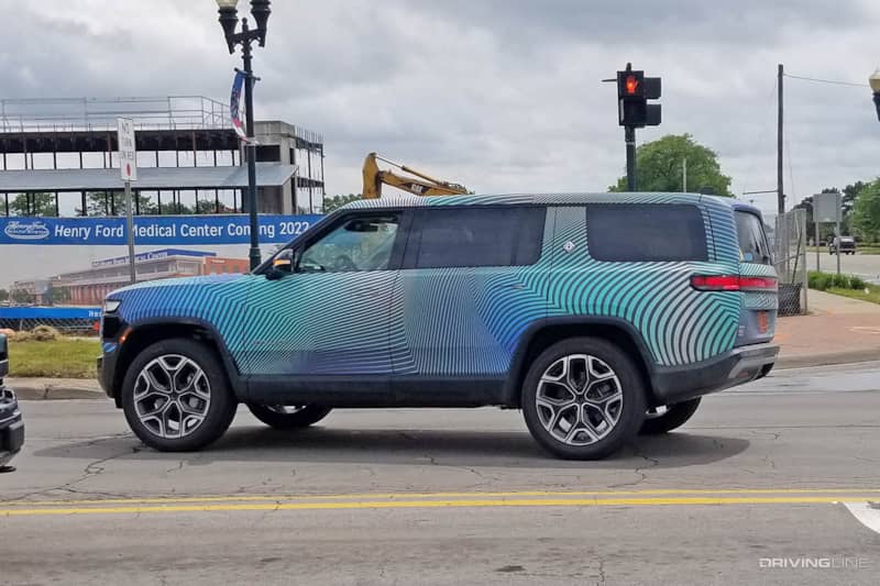 Rivian R1S Spy Photos driver side rear spy photo