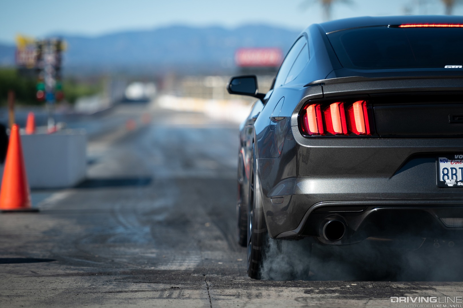 Mustang GT doing burnout at dragstrip