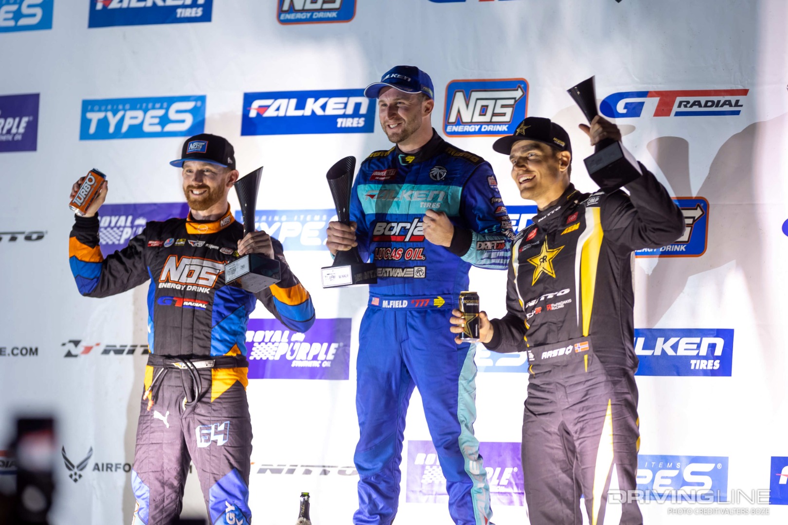 Matt Field first, Chris Forsberg second, and Fredric Aasbo third at Formula Drift New Jersey 2021
