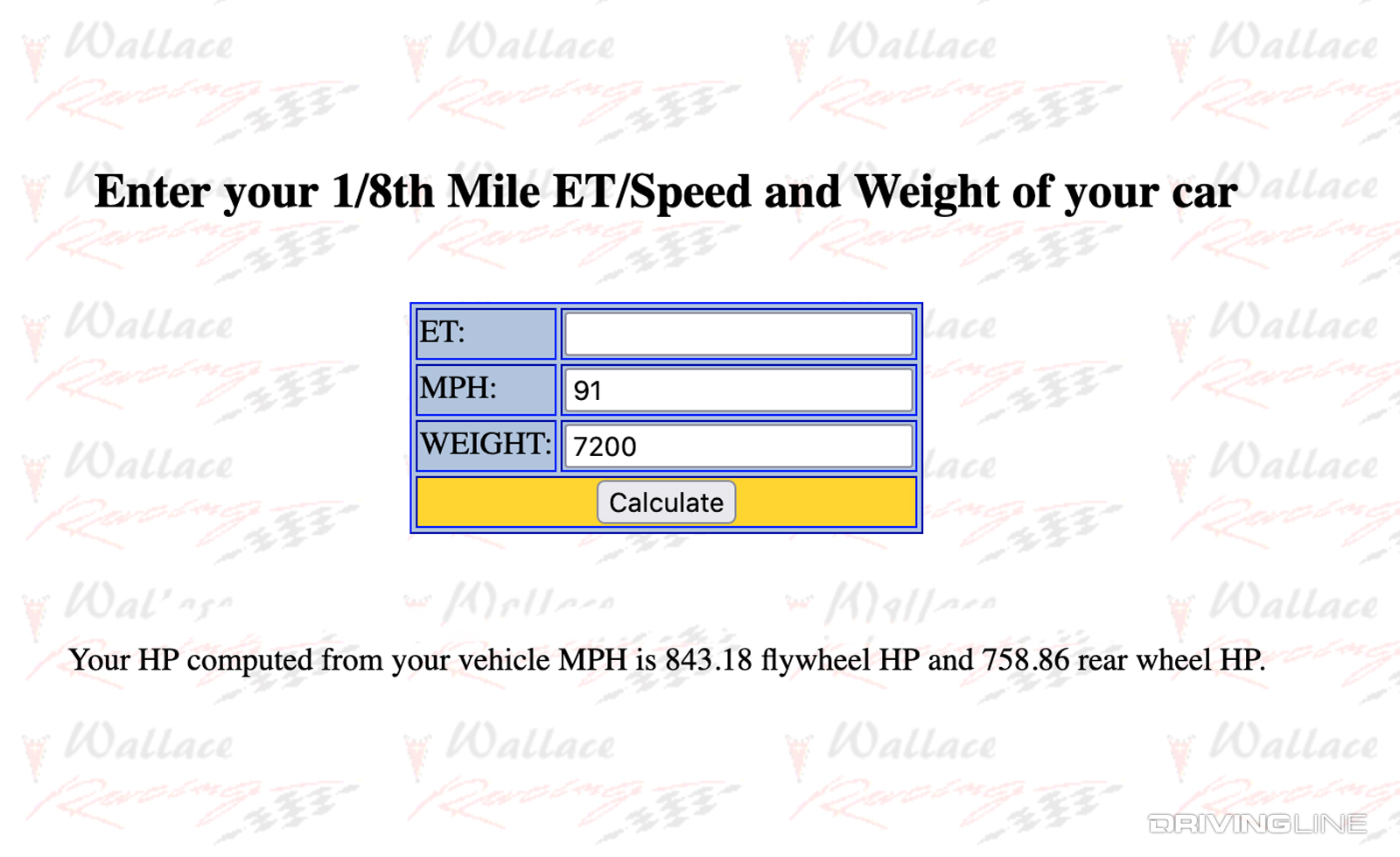 Horsepower Calculator Drag Race Trap Speed