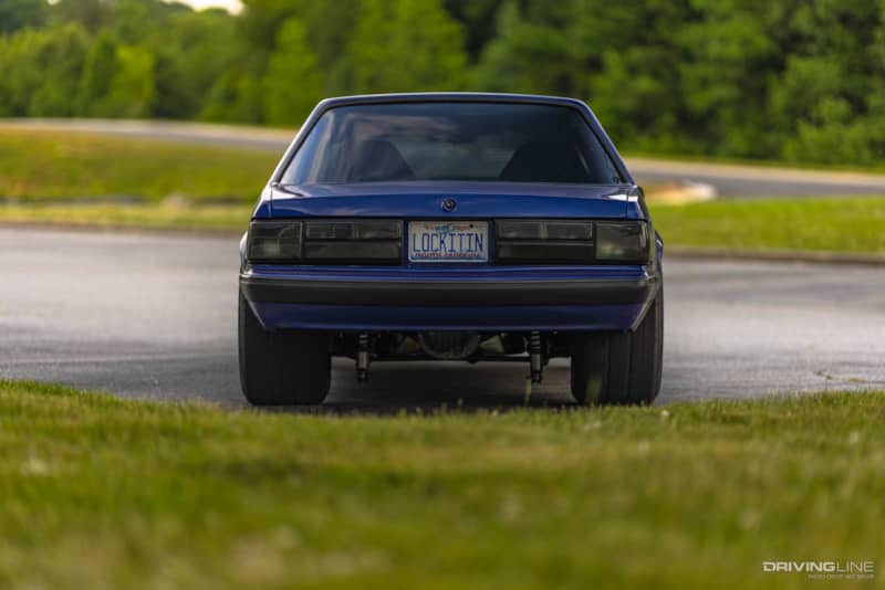rear view of Nitto NT555RII DOT Compliant Drag Radial Tires on '88 Mustang GT