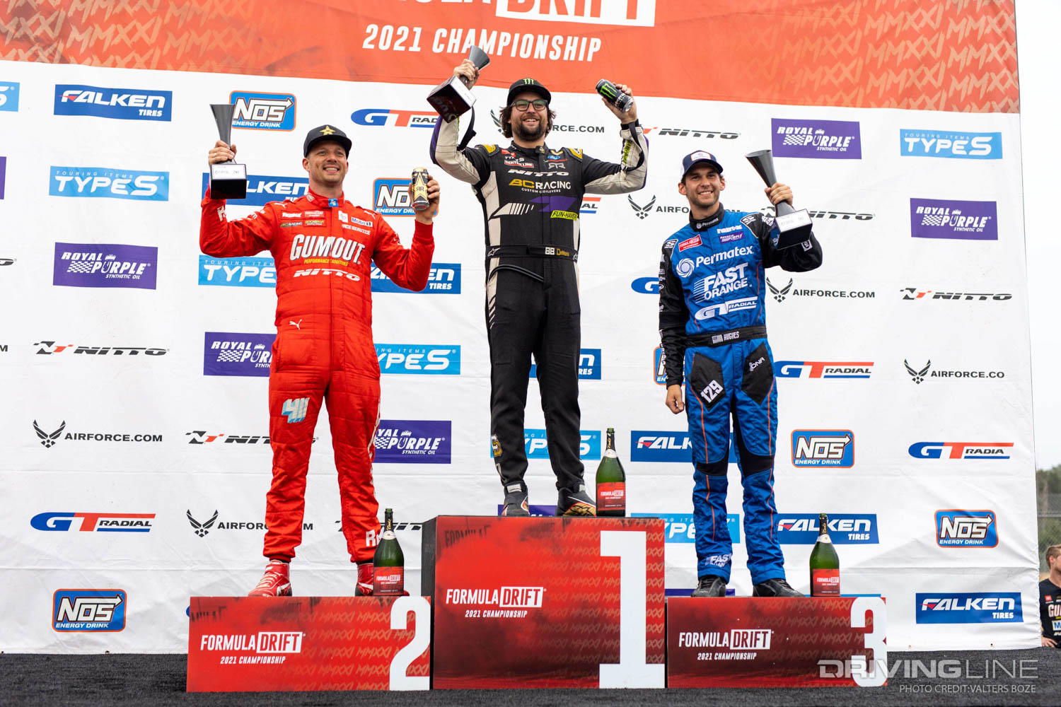 2021 Formula Drift Seattle Podium Ryan Tuerck, Chelsea DeNofa and Dylan Hughes