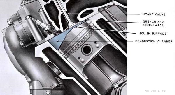 Chevrolet 409 combustion chamber intake valve quench and squish area squish surface combustion chamber