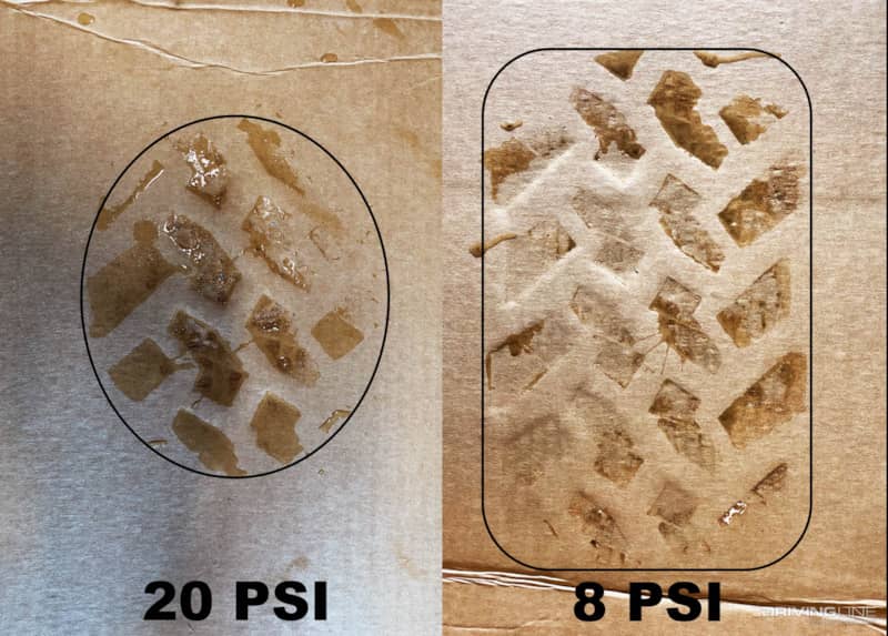 The difference between footprint of tire at 20 PSI vs 8 PSI