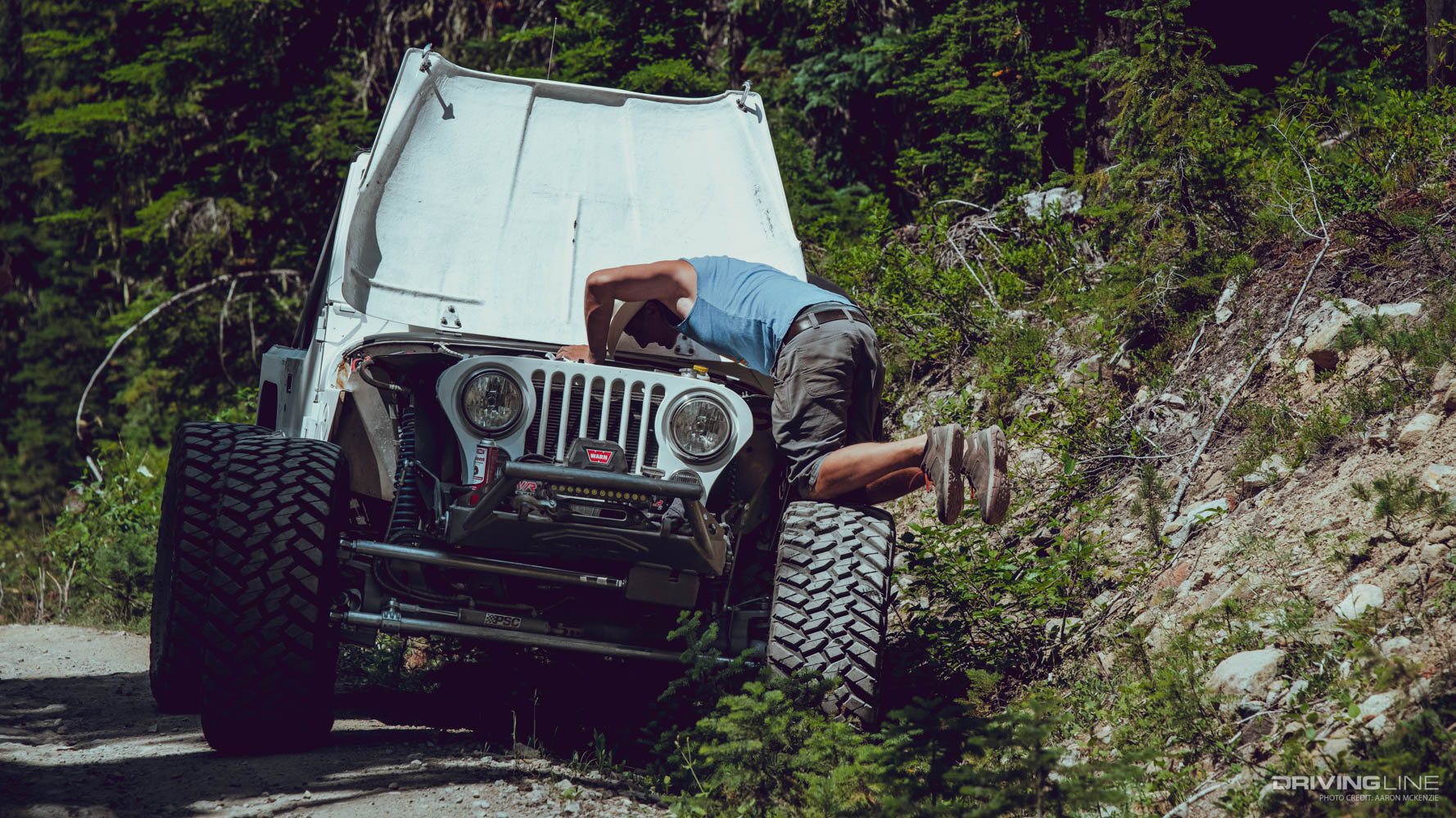 Hood lifted on white jeep