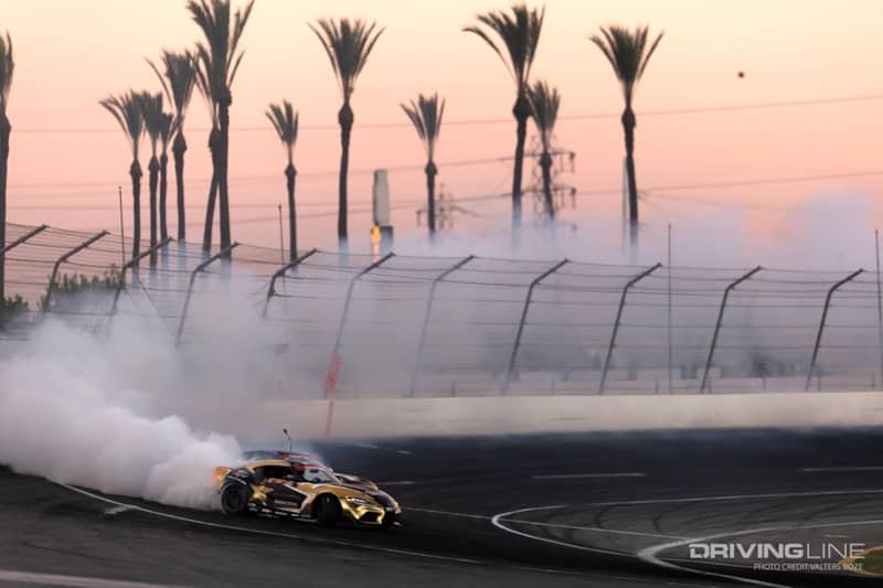 Fredric Aasbo drifting at Irwindale at sunset