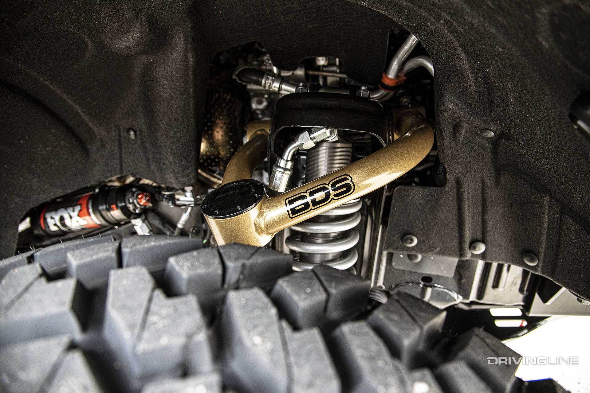 close up of bds suspension shock absorbers on ford bronco