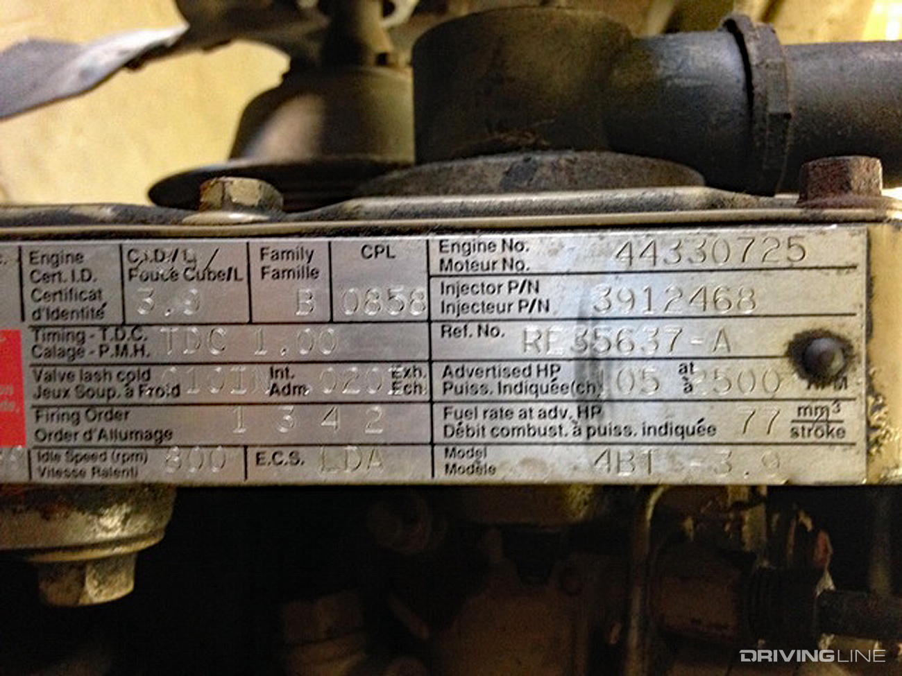 CPL Engine Data Tag Cummins 4BT
