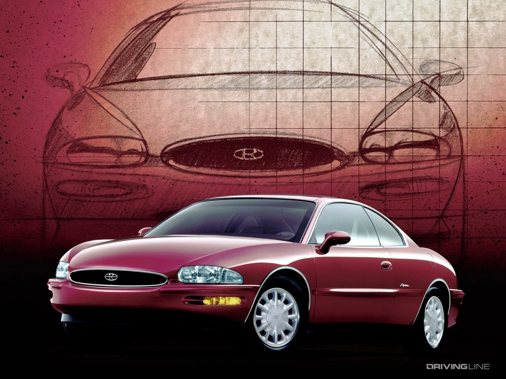 1995 Buick Riviera red with background sketch