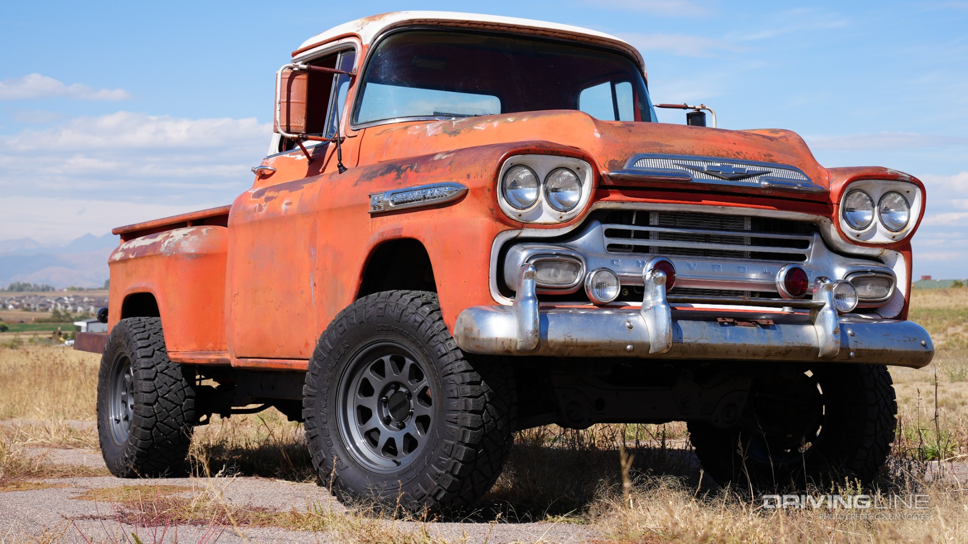 2013 Cadillac Escalade chassis with a 1959 Chevy truck body on Nitto Ridge Grappler tires