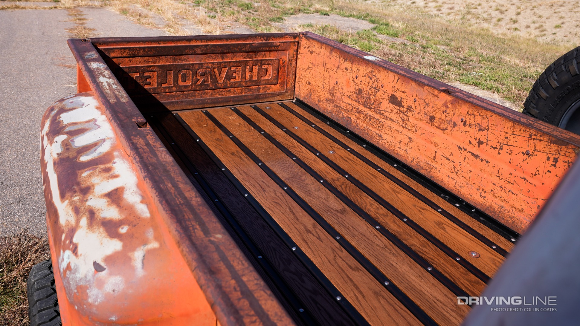 Custom wooden floor panel bed made from of Oak in 1959 Chevy Apache truck.