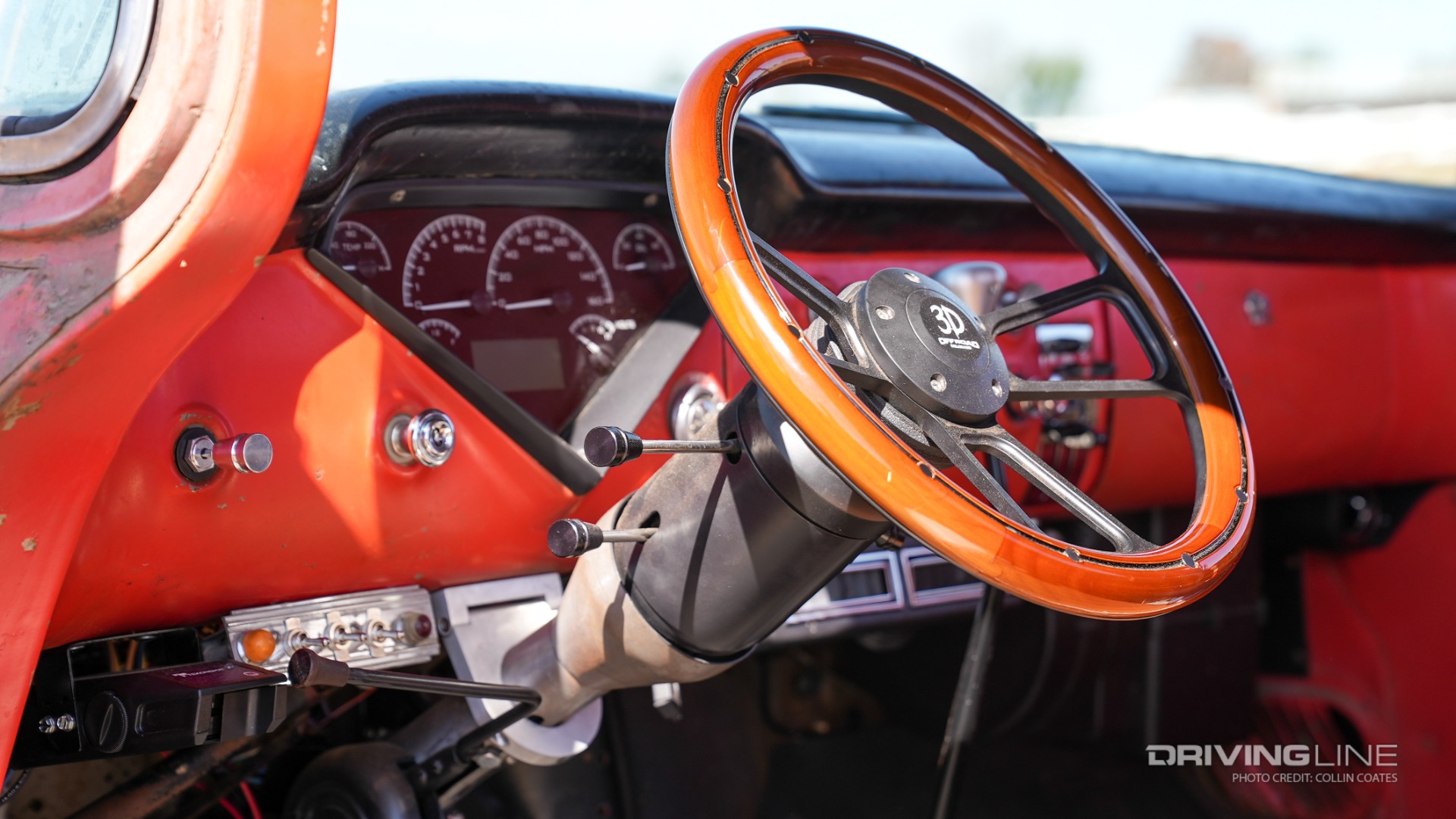 A custom digital gauge cluster from Dakota Digital and custom steering wheel in 1959 Chevy Apache Truck
