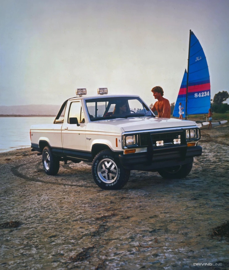 1985 Ford Ranger on the beach with windsurfers