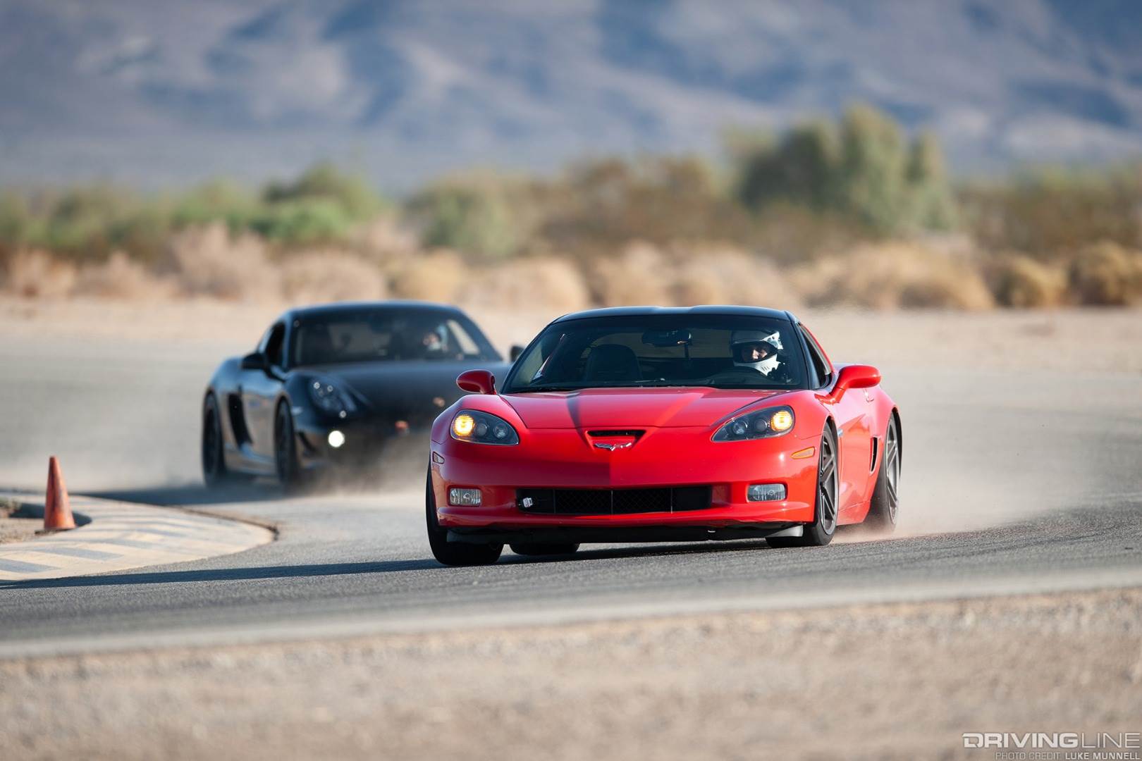 Corvette and Porsche at driving school on track