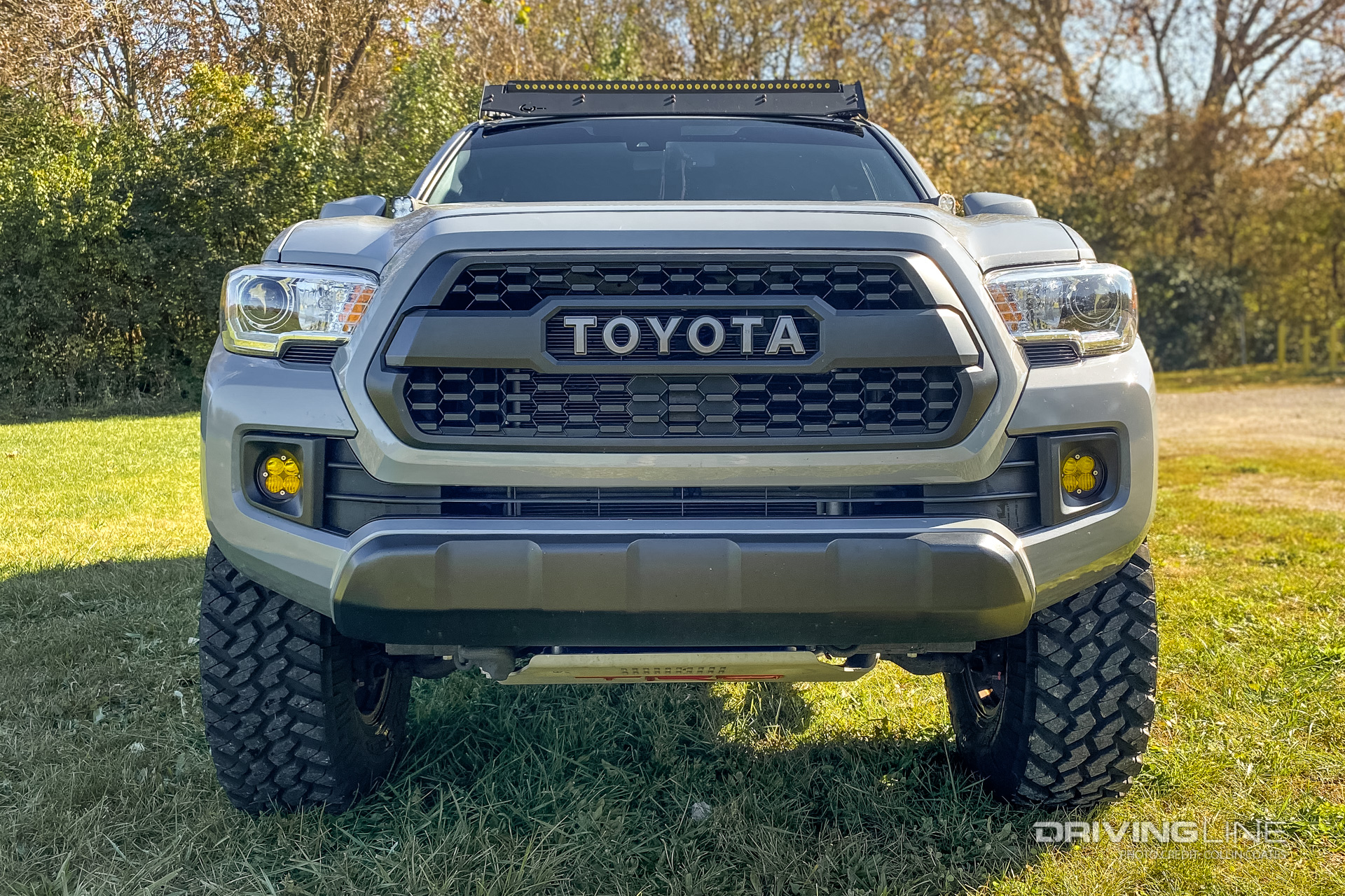 Front end of 3rd Gen Toyota Tacoma equipped with Baja Designs Fog Lights and A-Pillar Lights.