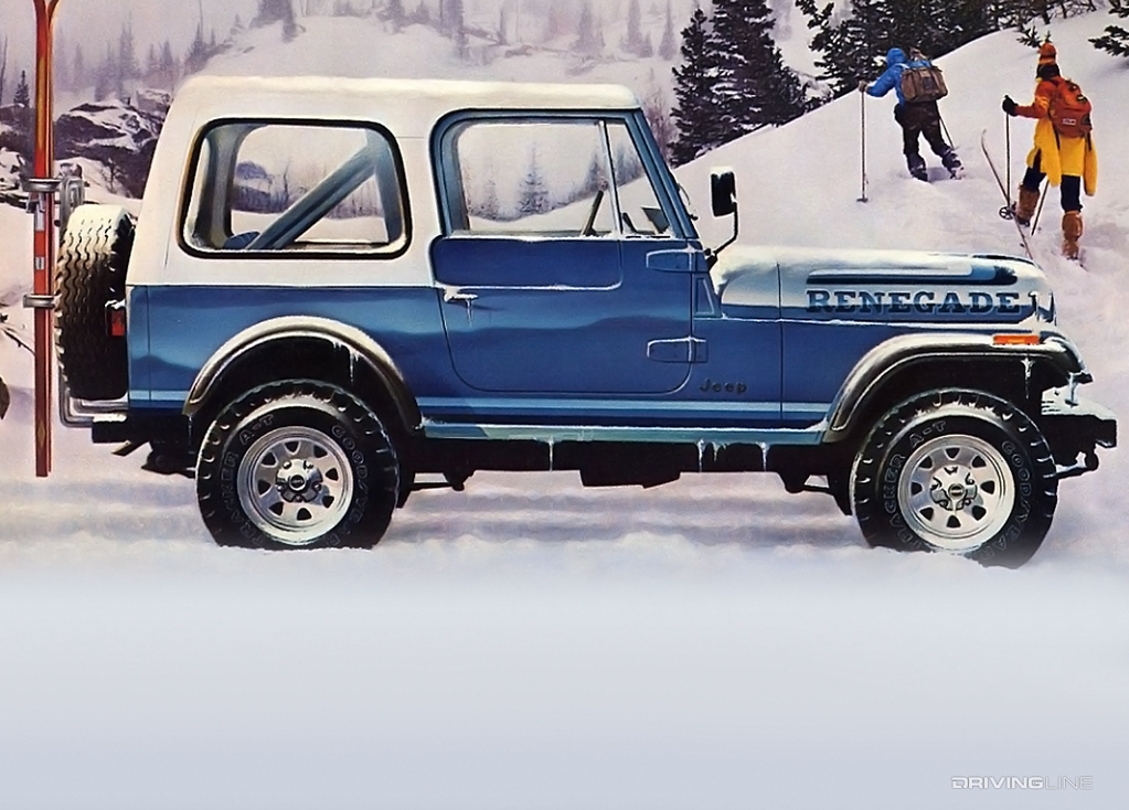 Jeep CJ-7 Renegade in blue against snow