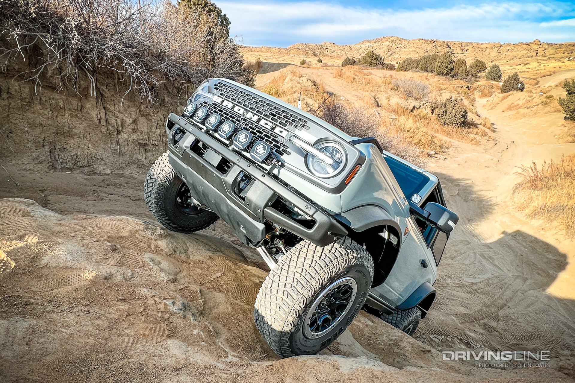 The 2-door Ford Bronco on a steep incline off -road