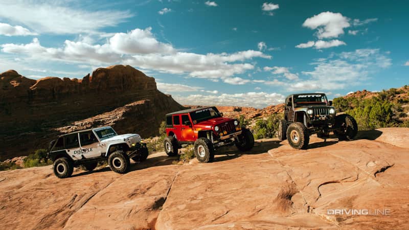 jeeps parked at moab rim on the trail