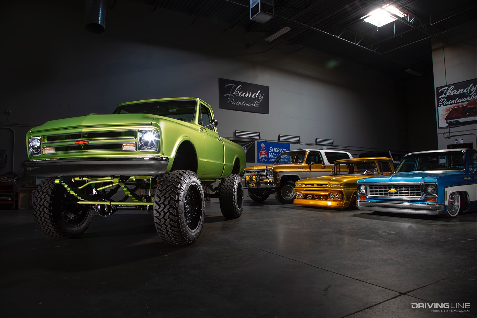 Mark Bosak's '67 Chevy K10 at Ikandy Paintworks with three trucks behind it
