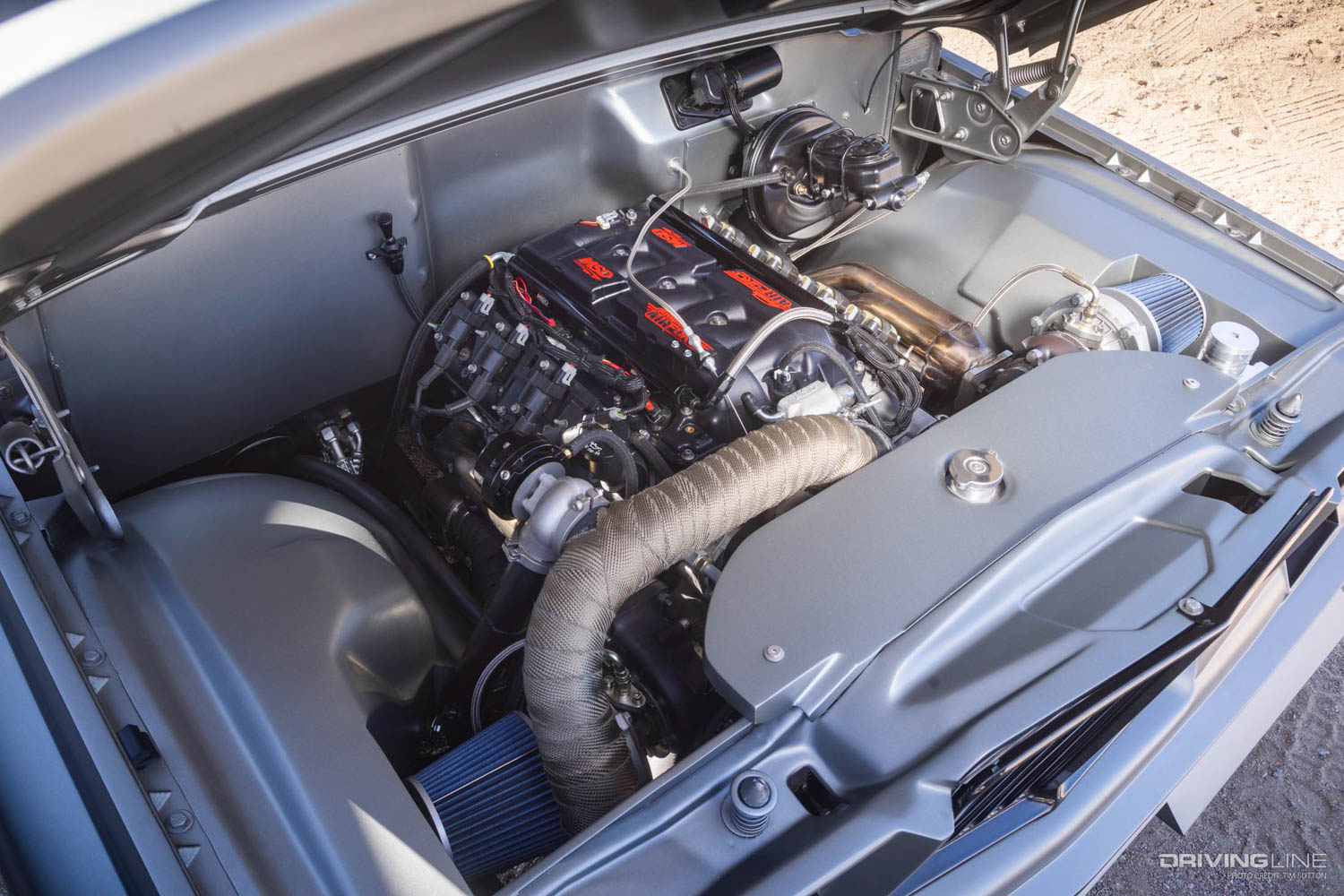LS V8 with twin turbos inside 1975 Jeep Wagoneer