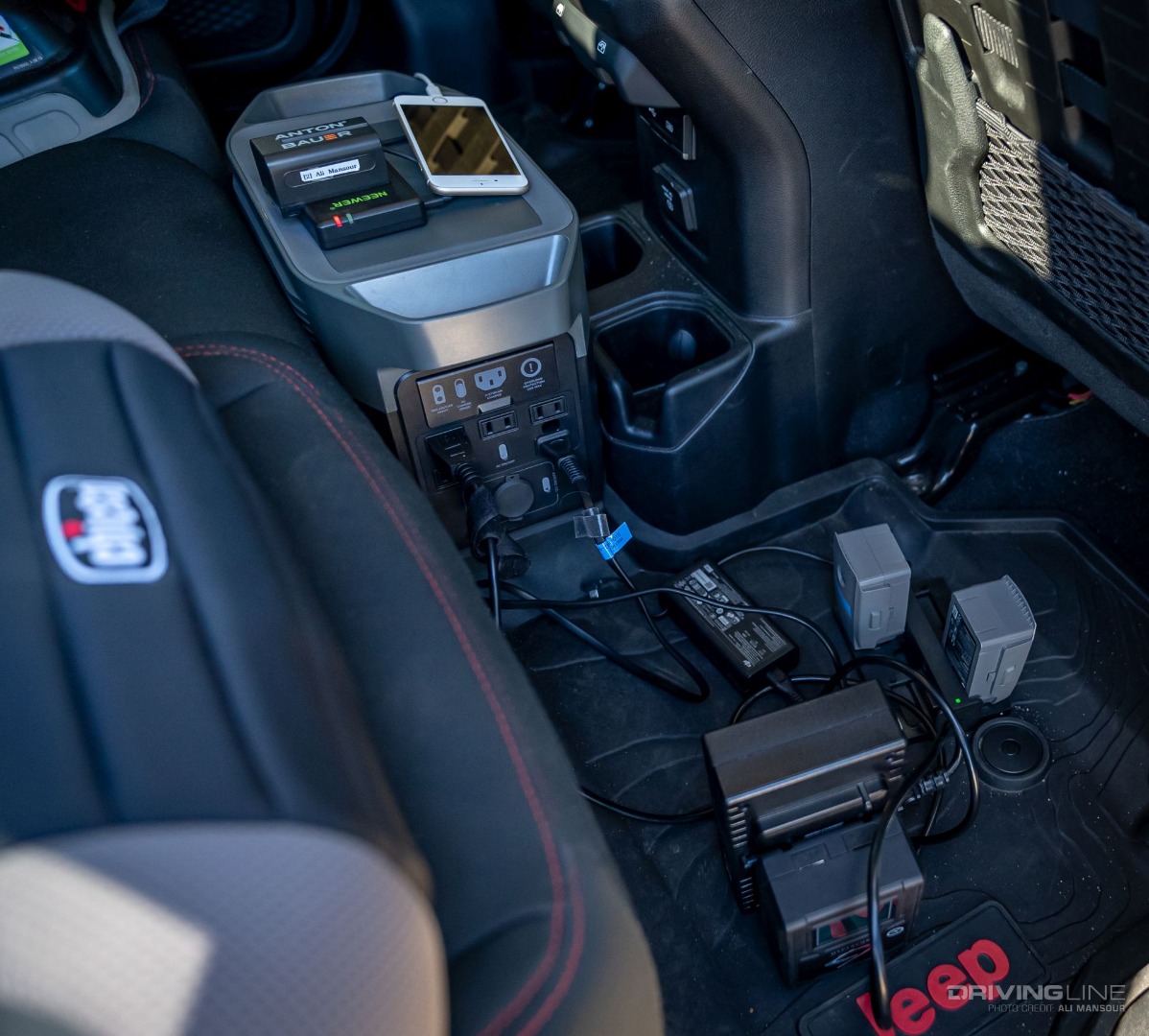 EcoFlow Delta Mini Charging Station charging electronics in a Jeep
