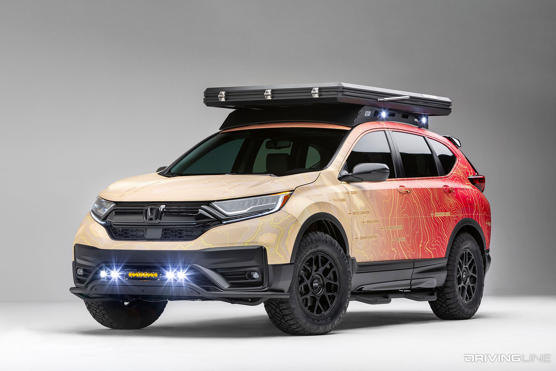 2020 Honda CR-V with a rooftop tent and topography wrap