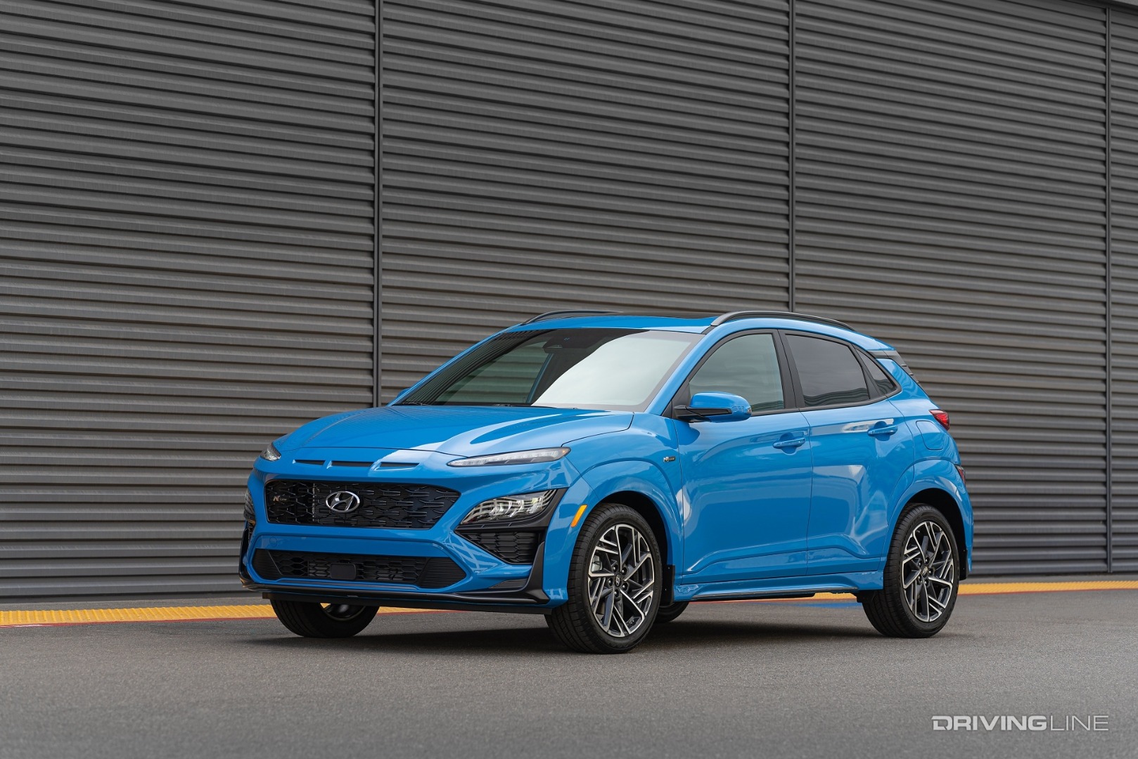 2022 Hyundai Kona N Line front 3/4 against wall