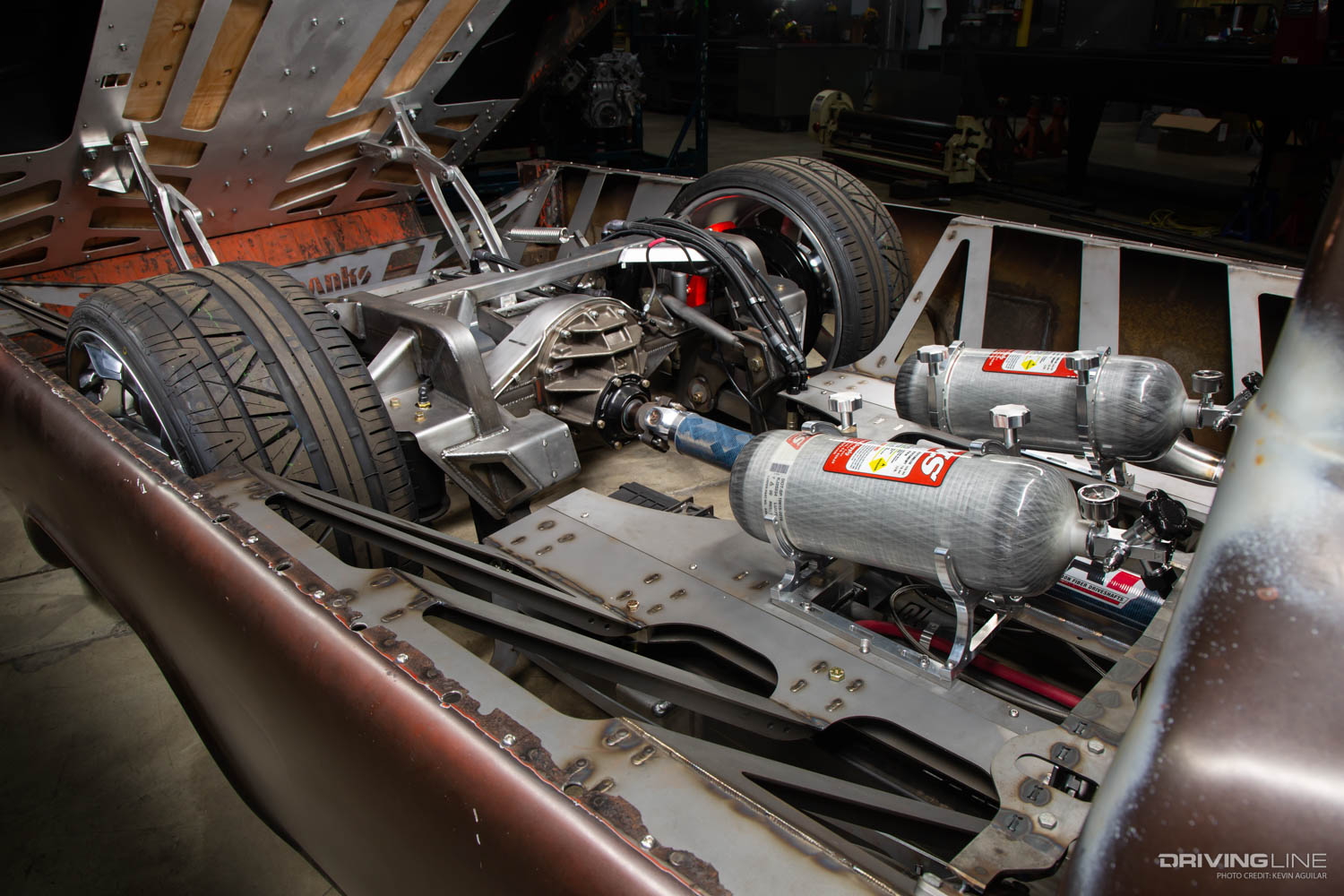 Detail of custom Banks LokJaw chassis and dual Nitrous bottles