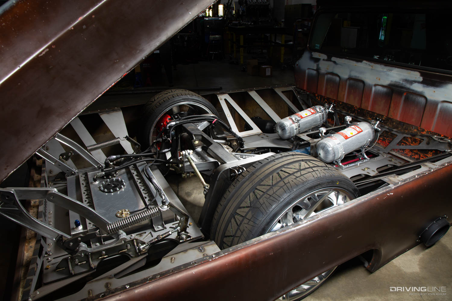 Under bed custom frame and rear suspension of Banks' LokJaw custom 1966 C20