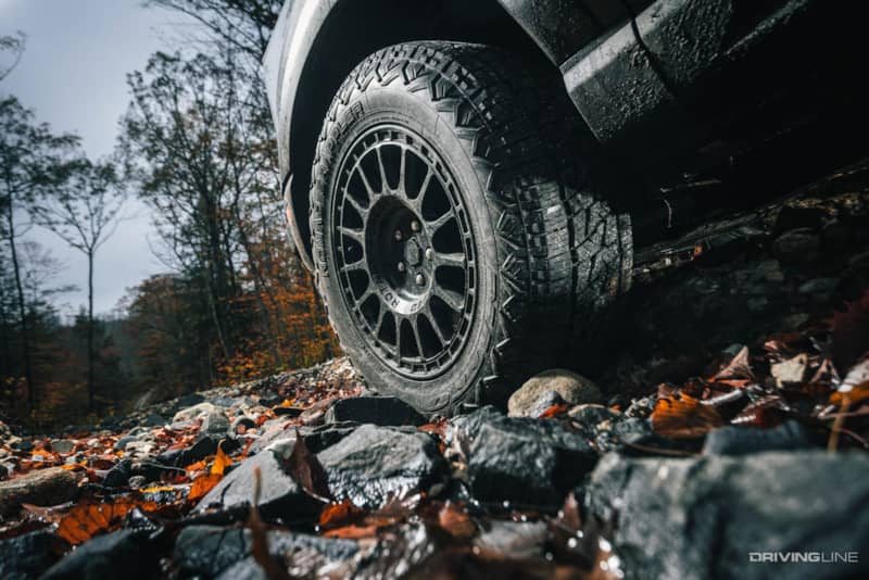 Nitto Nomad Grappler All-Terrain Crossover Tire on a rocky road