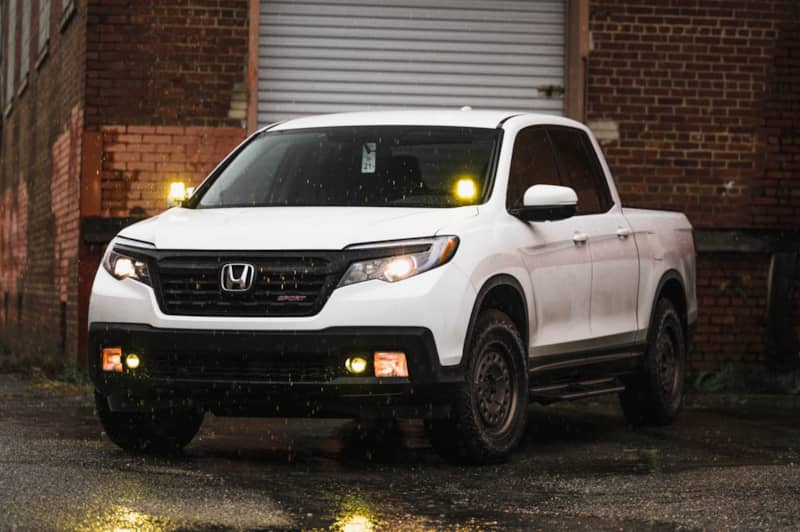 Front of Honda Ridgeline in the rain