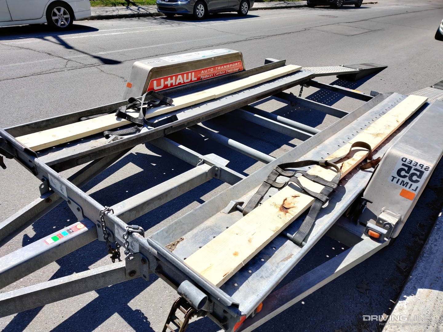 2022 Jeep Grand Wagoneer towing Datsun 280Z planks