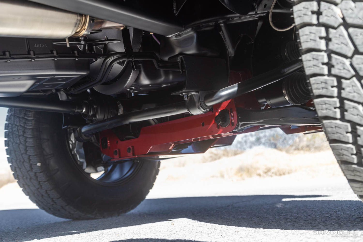 undercarriage of 1979 Ford Bronco Restomod on Nitto Terra Grappler G2 tires