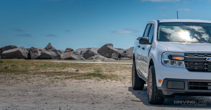 2022 Ford Maverick Hybrid side view of new wheel and tire offset