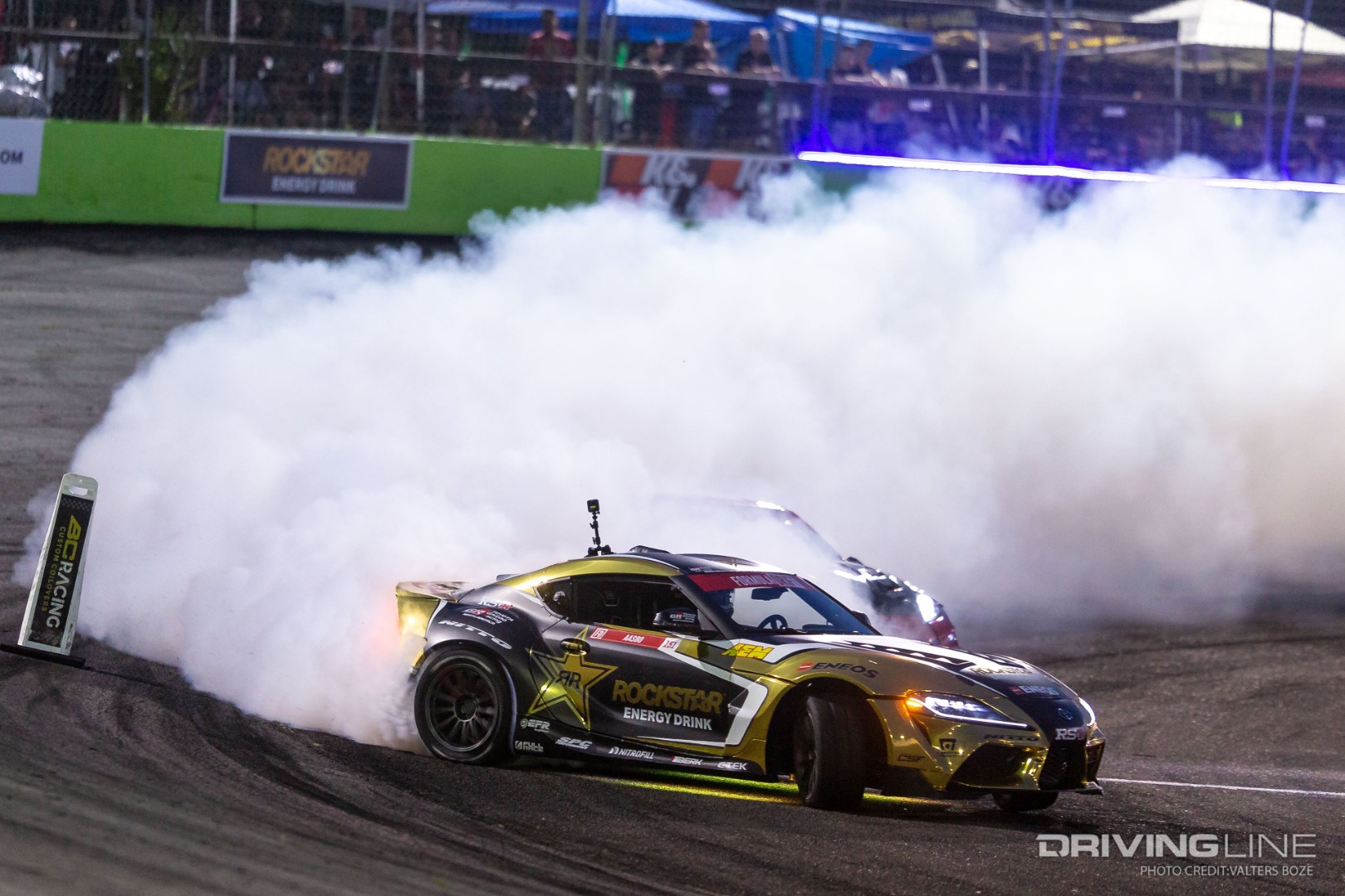 Fredric Aasbo in lead tandem drifting at 2022 Formula Drift Orlando Speed World