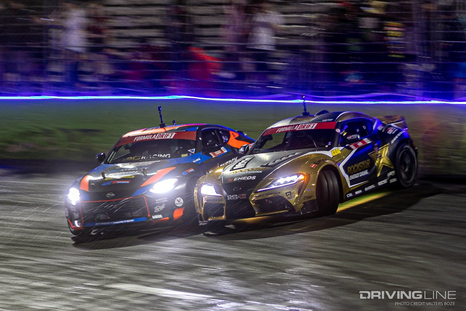 Chris Forsberg vs Fredric Aasbo tandem drifting at 2022 Formula Drift Orlando Speed World