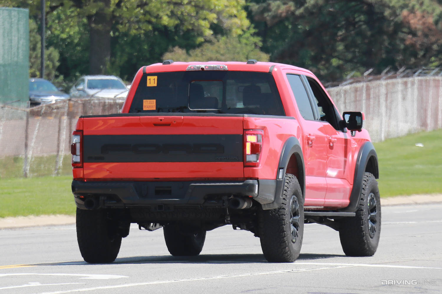 Rear end passenger side of Ford F-150 Raptor R testing on street