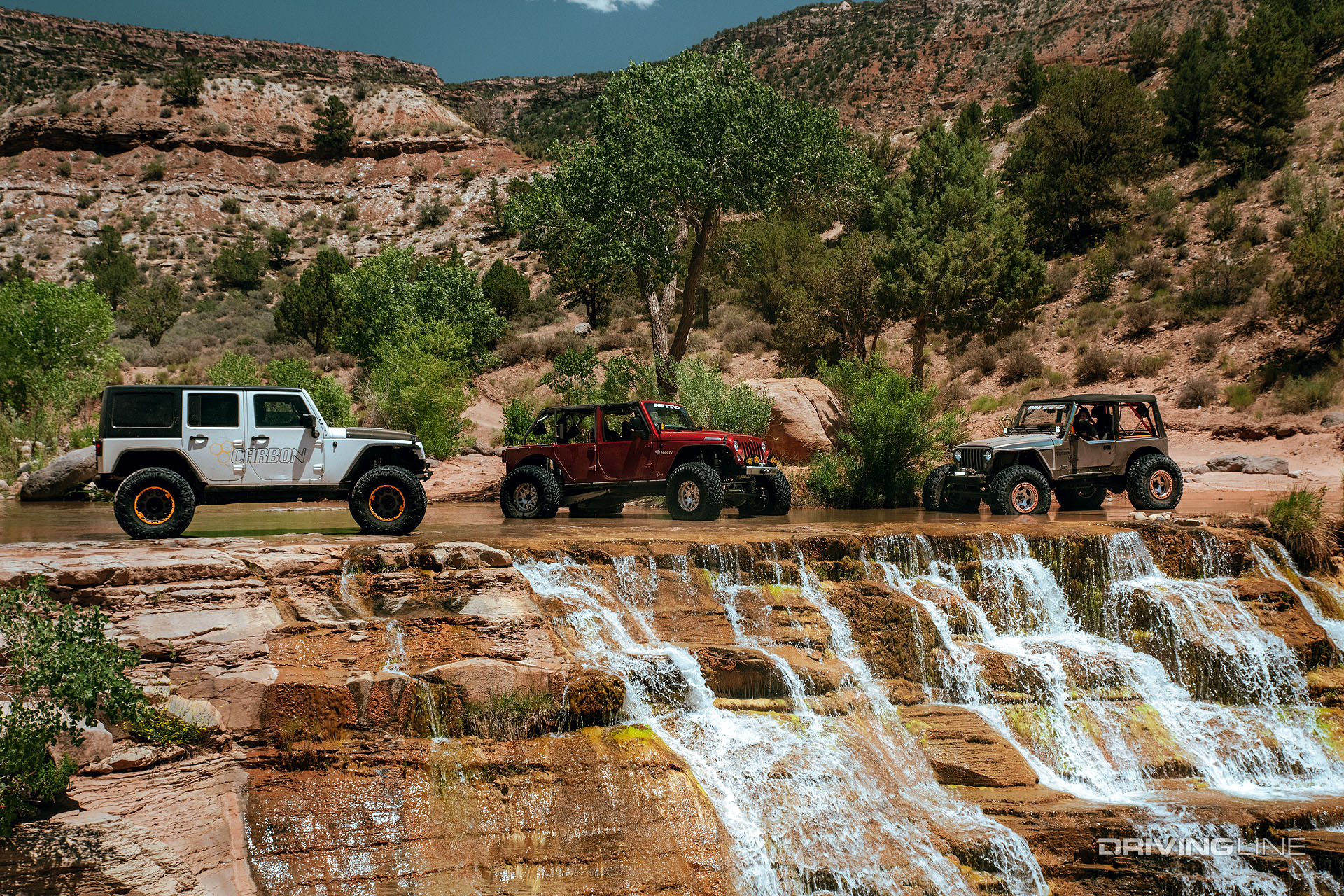 carbon off road jeeps arriving at rattlesnake gulch waterfall