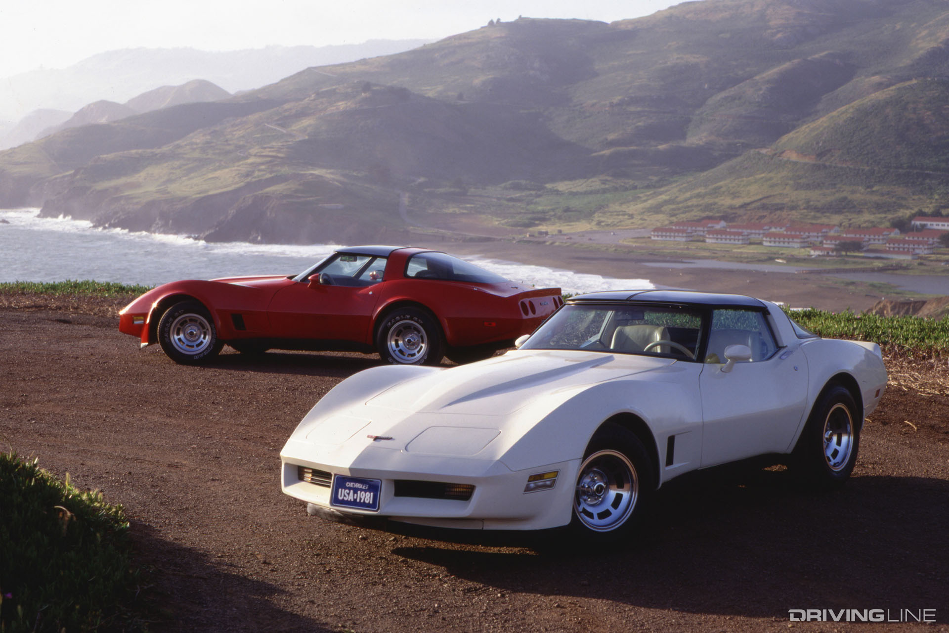 C3 Corvettes White and Red Near Ocean