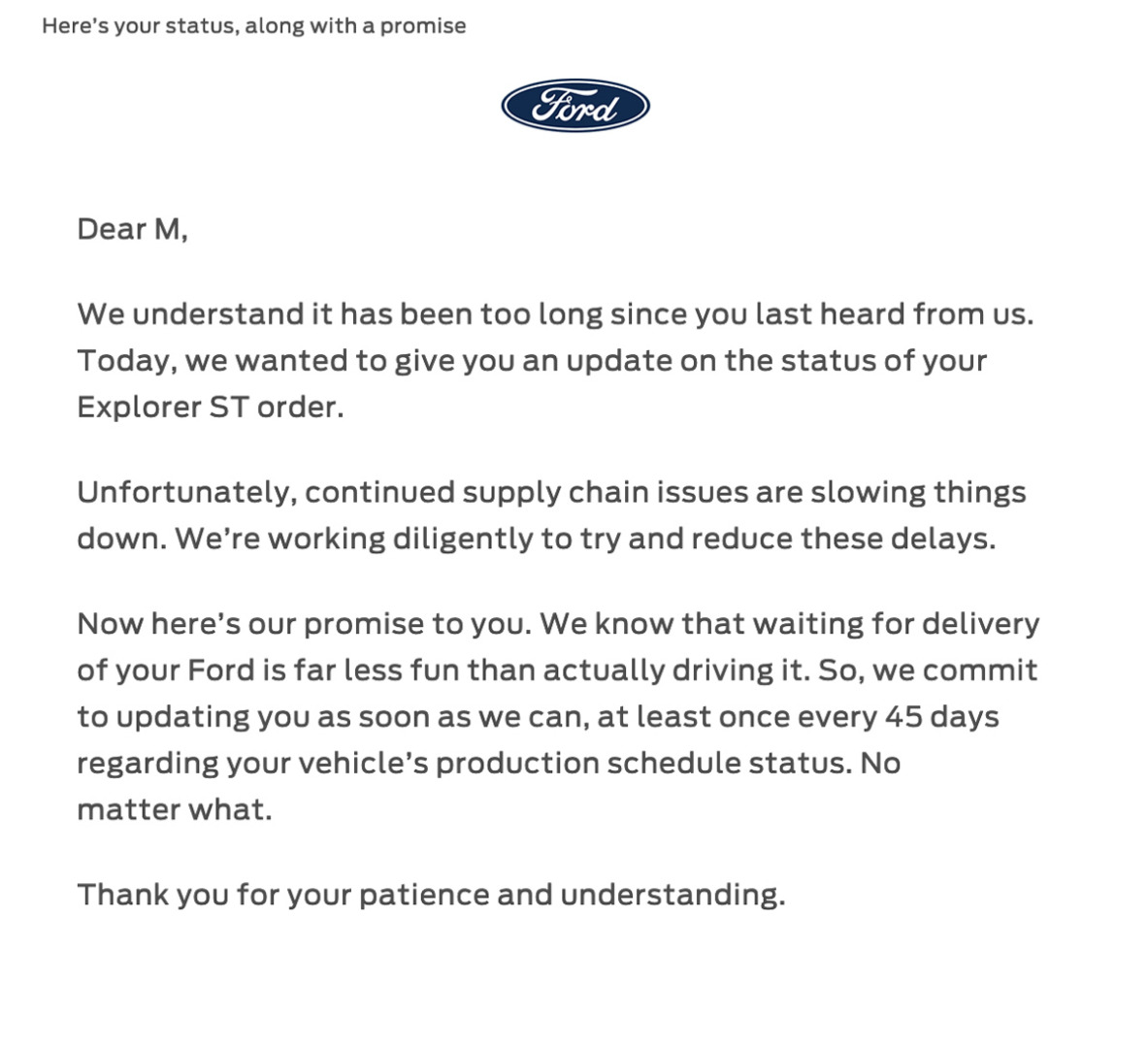Build To Order Progress Email from Ford Motor Company