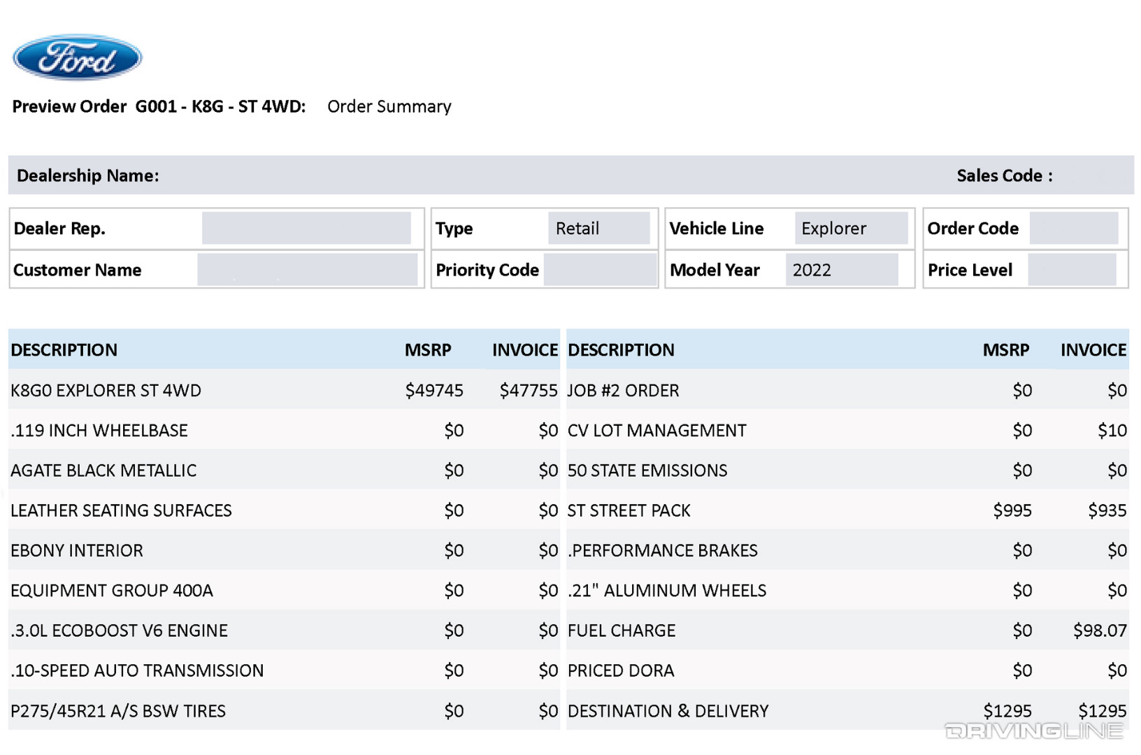 Preview Order Form Ford Explorer ST