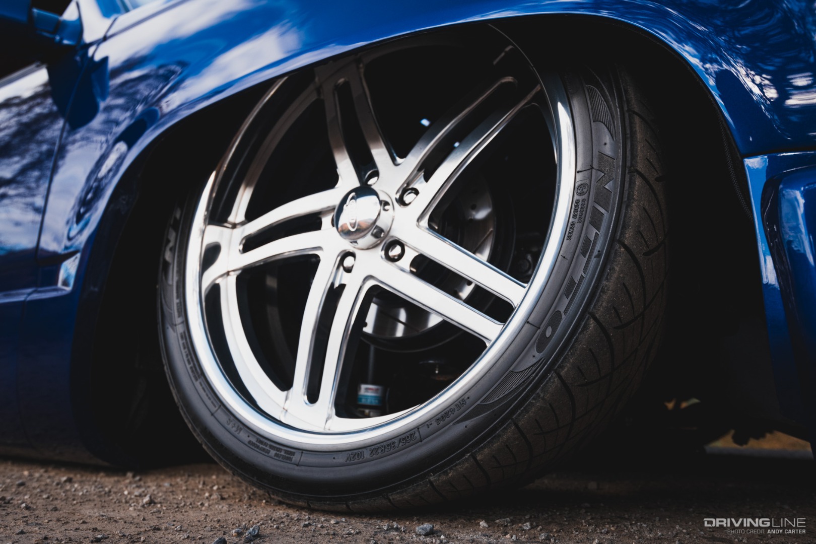 Slammed OBS on Nitto tires close-up of wheel and tire