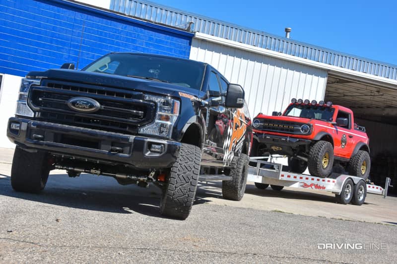 Nitto Recon Grappler Tires on a 2022 Ford F-250 towing a Bronco