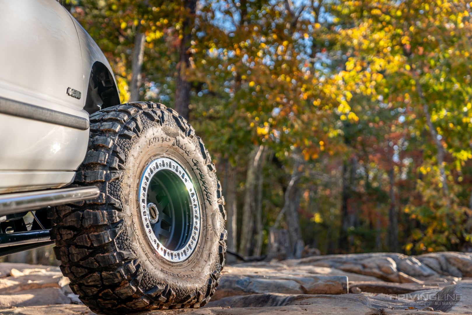 sidewall of nitto tire mud grappler on kmc machete beadlock wheel