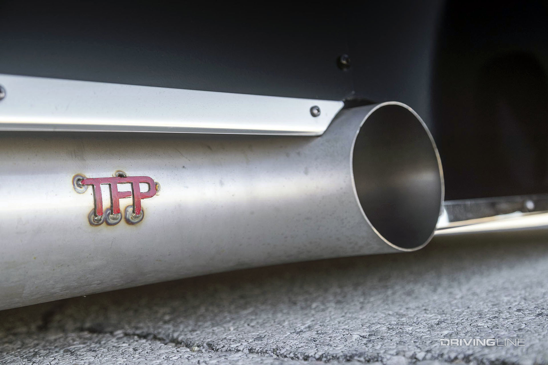 close up of custom exhaust on international harvester restomod truck