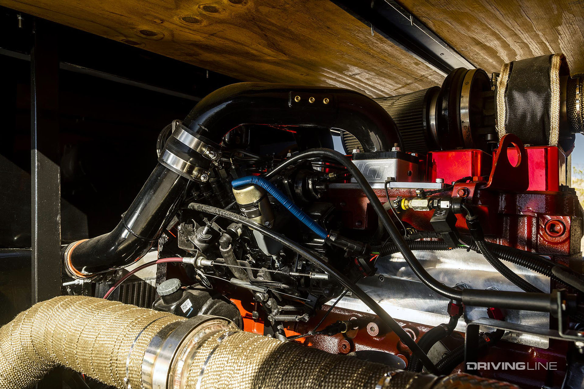 inside of international harvester truck with custom cummins engine
